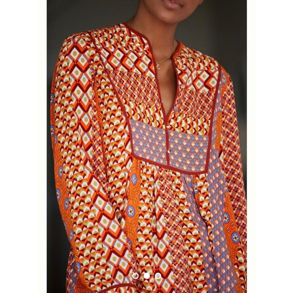 Anthropologie Orange & Purple Geometric-Print Pajama Blouse